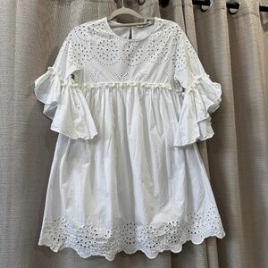 ZARA Pom Pom, Eyelet Hem White, Women's Dress Size Medium